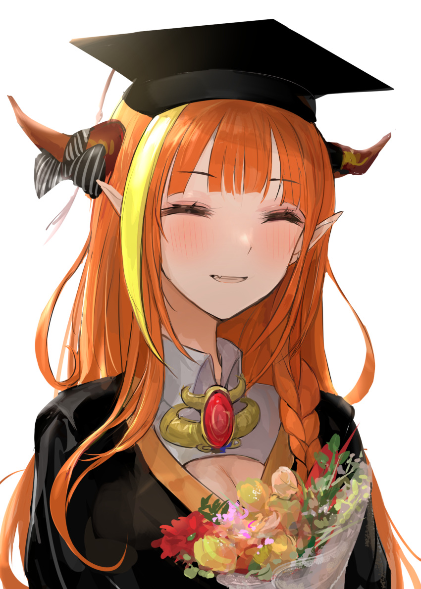 1girl alternate_costume bangs black_headwear black_robe blonde_hair blunt_bangs blush bouquet bow braid breasts brooch chan1moon cleavage closed_eyes collared_shirt commentary diagonal-striped_bow dragon_girl dragon_horns eyebrows_visible_through_hair facing_viewer fang flower gem grin hat highres holding holding_bouquet hololive horn_bow horns jewelry kiryu_coco long_hair mortarboard multicolored_hair orange_hair pink_flower pointy_ears red_flower robe shirt side_braid sidelocks simple_background single_braid skin_fang smile solo streaked_hair striped striped_bow tassel upper_body virtual_youtuber white_background white_shirt yellow_flower