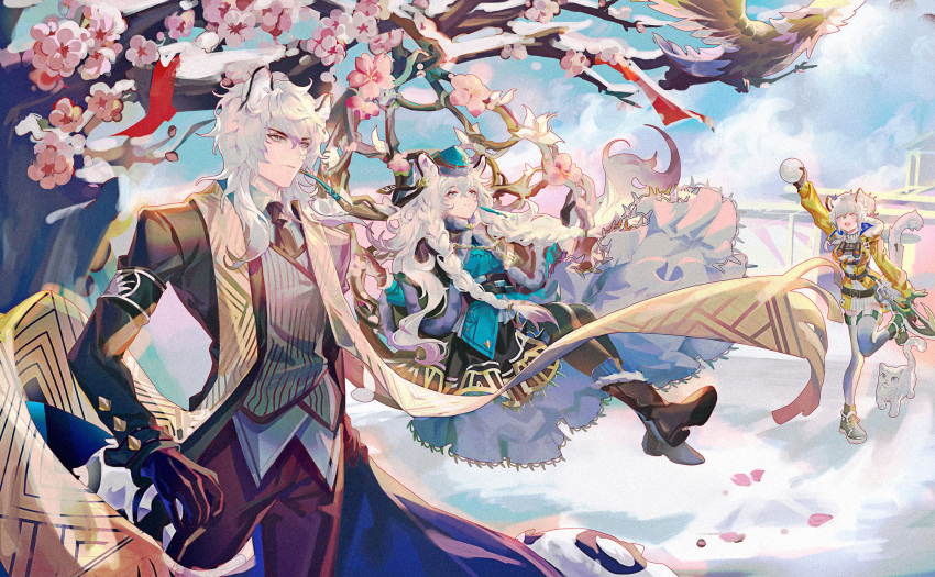 1boy 2girls animal_ears arknights arm_up binoculars black_coat black_footwear black_gloves black_legwear black_pants black_skirt blue_dress blue_headwear braid brown_scarf capelet cherry_blossoms chinese_commentary cliffheart_(arknights) cliffheart_(highlands_visitor)_(arknights) closed_mouth cloud coat commentary_request day dress earrings floating fur-trimmed_capelet fur-trimmed_hood fur_trim gloves grey_eyes grey_legwear hand_on_hip highres holding_snowball hood hooded_jacket jacket jewelry leopard_ears leopard_tail long_hair long_scarf looking_away multiple_girls open_clothes open_coat open_mouth outdoors pants pantyhose pramanix_(arknights) pramanix_(caster's_frost)_(arknights) ribbed_sweater running samo_(shichun_samo) scarf serious silver_hair silverash_(arknights) silverash_(york's_bise)_(arknights) single_earring skirt snow sweater tail tenzin_(arknights) thighhighs tree twin_braids waistcoat white_sweater yellow_jacket