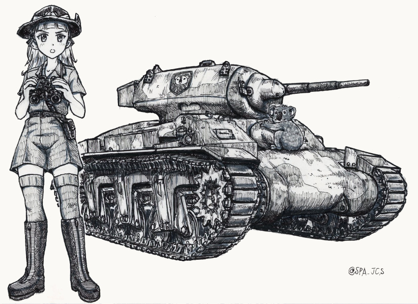 1girl ac1_sentinel ballpoint_pen_(medium) bangs belt binoculars blunt_bangs boots collared_shirt combat_boots commentary_request girls_und_panzer greyscale ground_vehicle highres holding holding_binoculars holster knee_boots koala koala_forest_(emblem) koala_forest_military_uniform looking_at_viewer medium_hair military military_vehicle monochrome motor_vehicle nspa_(spa-jcs) open_mouth partial_commentary sam_browne_belt shirt short_sleeves shorts slouch_hat solo standing tank thighhighs thighhighs_under_boots traditional_media twitter_username wallaby_(girls_und_panzer) zipper