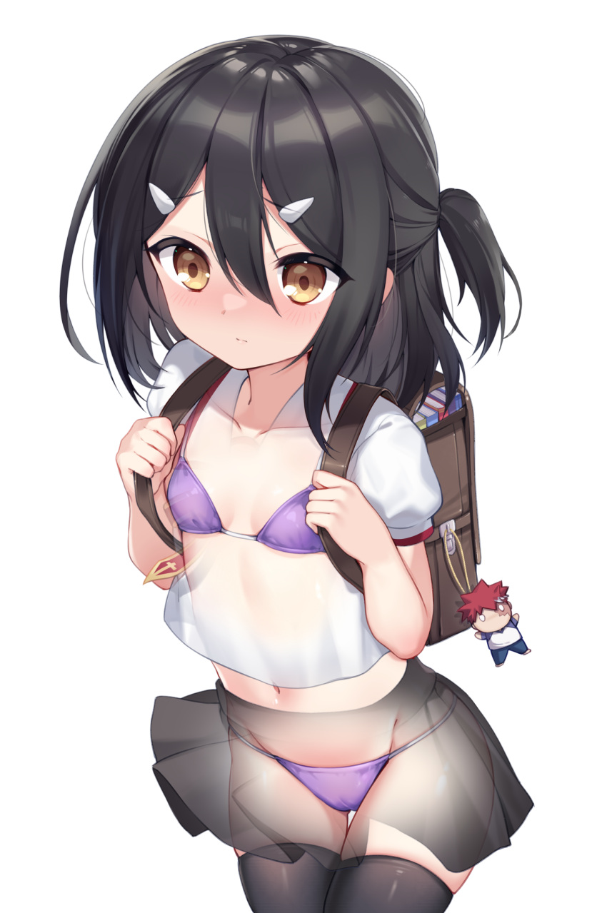 1girl backpack bag bangs bikini bikini_under_clothes black_hair black_legwear black_skirt blush book brown_bag brown_eyes charm_(object) closed_mouth collarbone cowboy_shot emiya_shirou emiya_shirou_(prisma_illya) fate/kaleid_liner_prisma_illya fate_(series) hair_between_eyes hair_ornament hairclip hands_up highres holding_strap legs_together long_hair looking_at_viewer micro_bikini miyu_edelfelt navel one_side_up pleated_skirt puffy_short_sleeves puffy_sleeves purple_bikini randoseru see-through shirt short_sleeves simple_background skirt solo standing stomach swimsuit taro_(ultrataro) thigh_gap thighhighs white_background white_shirt