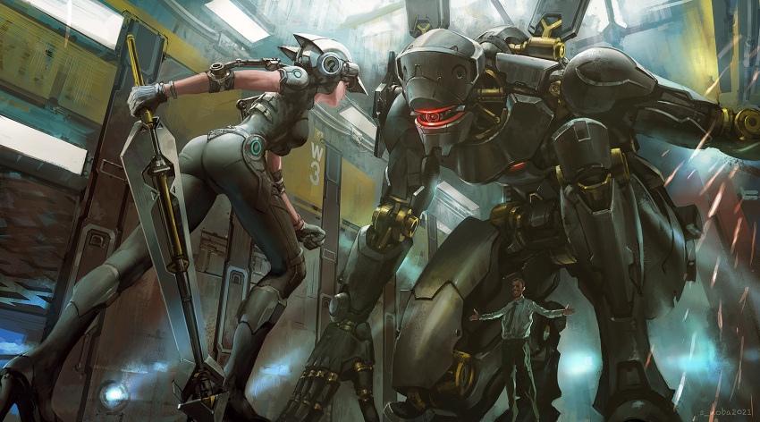 1boy 1girl artist_name ass black_hair breasts clenched_hand commentary_request duel gloves glowing helmet high_heels highres holding holding_sword holding_weapon indoors leaning_forward mecha necktie noba one_knee original outstretched_arms pants power_suit robot shirt short_hair smile sparks spread_arms sword weapon