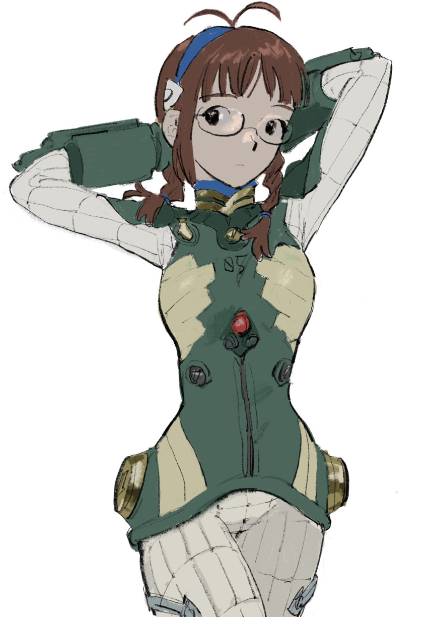 1girl akizuki_ritsuko arms_behind_head bangs blue_headband bodysuit braid brown_hair cosplay cowboy_shot evangelion:_2.0_you_can_(not)_advance glasses green_bodysuit hair_tie headband highres idolmaster idolmaster_(classic) interface_headset makinami_mari_illustrious makinami_mari_illustrious_(cosplay) multicolored multicolored_bodysuit multicolored_clothes neon_genesis_evangelion oyama_(mirumiru) plugsuit rebuild_of_evangelion solo twin_braids white_background white_bodysuit