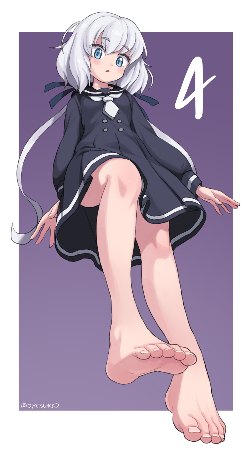 1girl absurdres barefoot black_sailor_collar blue_eyes blush dress eyebrows_visible_through_hair feet foot_focus from_below highres konno_junko long_hair long_sleeves oyatsu_(mk2) ribbon sailor_collar sailor_dress school_uniform soles solo toes twintails white_hair white_neckwear zombie_land_saga