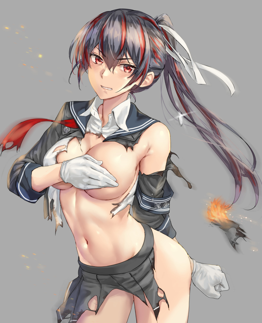 1girl armband bangs black_hair breasts cleavage clenched_hand clenched_teeth covering covering_breasts eyebrows_visible_through_hair fire grey_background grey_skirt hair_between_eyes hair_ribbon highres kantai_collection kokuzou large_breasts long_hair multicolored_hair navel pleated_skirt ponytail red_eyes red_hair remodel_(kantai_collection) ribbon sailor_collar simple_background skirt solo sparkle teeth torn_clothes yahagi_(kancolle)