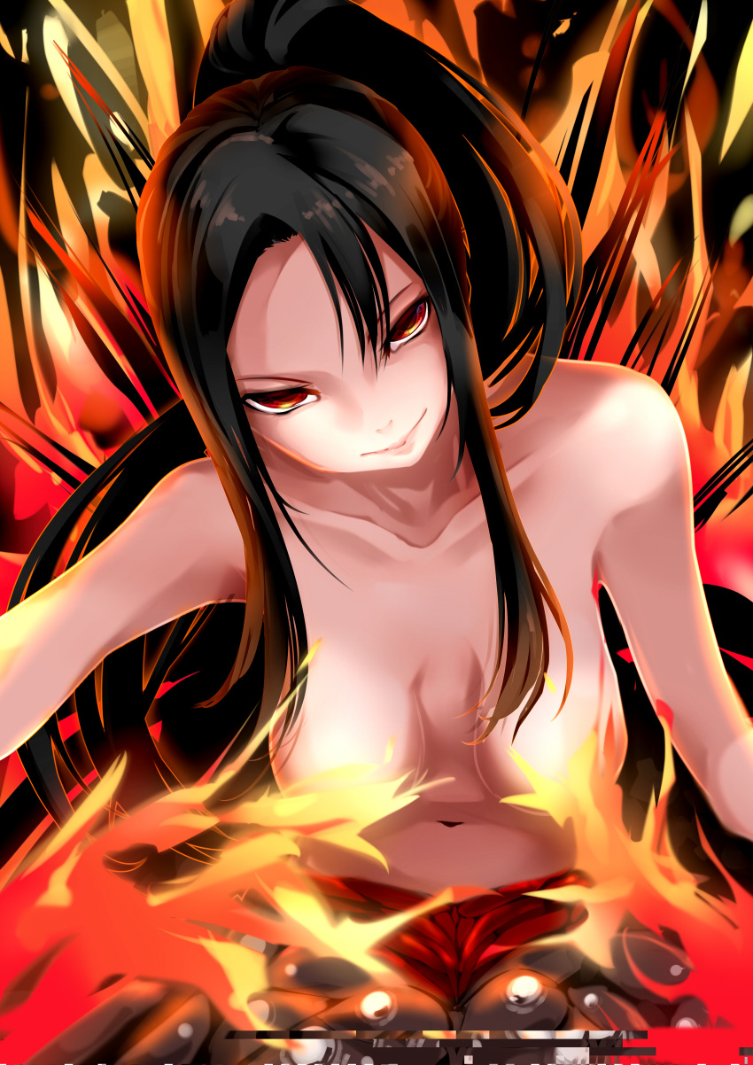 1girl absurdres arachne arthropod_girl bangs black_hair blush breasts chaos_witch_quelaag closed_mouth collarbone commentary_request convenient_censoring dark_souls_i extra_eyes fire glitch hair_between_eyes head_tilt highres leaning_forward long_hair looking_at_viewer medium_breasts monster_girl navel nude onizo partial_commentary ponytail red_eyes sidelocks smile solo souls_(series) spider_girl stomach taur