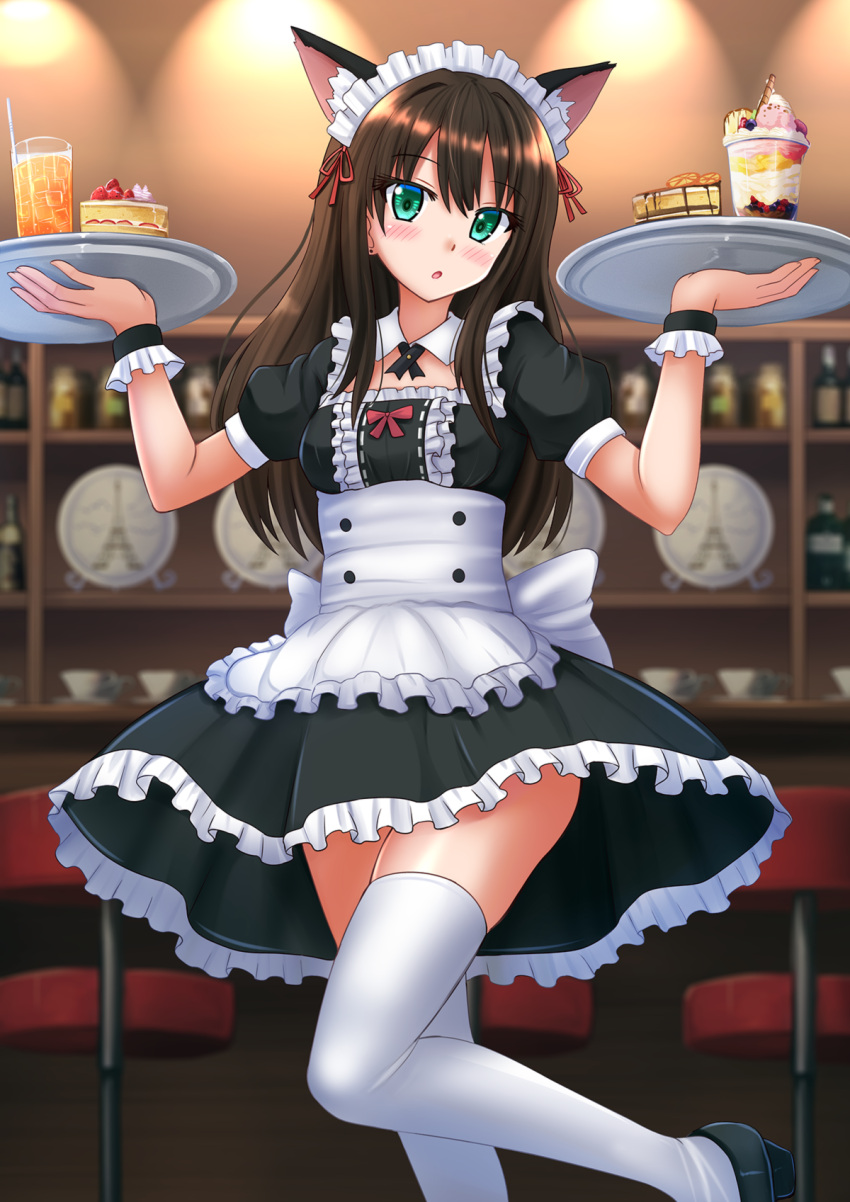 1girl :o alternate_costume animal_ears apron bangs black_dress black_footwear blurry blurry_background blush breasts brown_hair cake cake_slice cat_ears commentary cup depth_of_field dress drinking_glass drinking_straw english_commentary enmaided eyebrows_visible_through_hair feet_out_of_frame food frilled_apron frilled_dress frills green_eyes hair_between_eyes highres holding holding_tray idolmaster idolmaster_cinderella_girls indoors kazenokaze long_hair looking_at_viewer maid maid_headdress medium_breasts parfait parted_lips puffy_short_sleeves puffy_sleeves shibuya_rin shoes short_sleeves solo standing standing_on_one_leg stool thighhighs tray very_long_hair white_apron white_legwear wrist_cuffs