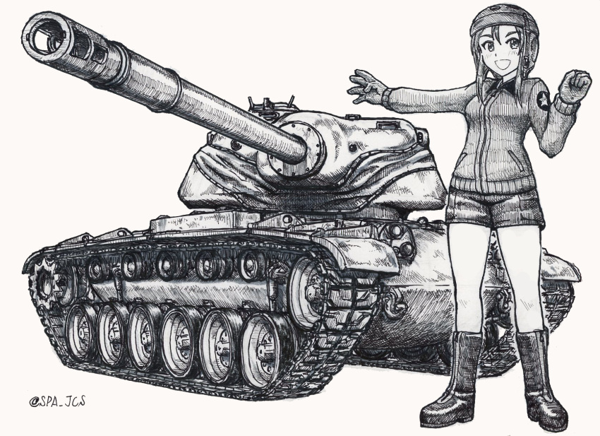 1girl ballpoint_pen_(medium) bangs boots clenched_hand commentary_request emblem extra gesture girls_und_panzer gloves greyscale ground_vehicle helmet helmet-chan_(girls_und_panzer) highres jacket long_sleeves looking_at_viewer military military_uniform military_vehicle monochrome motor_vehicle nspa_(spa-jcs) open_mouth partial_commentary saunders_military_uniform short_hair short_shorts shorts smile solo standing star_(symbol) t54 tank tank_helmet traditional_media twitter_username uniform