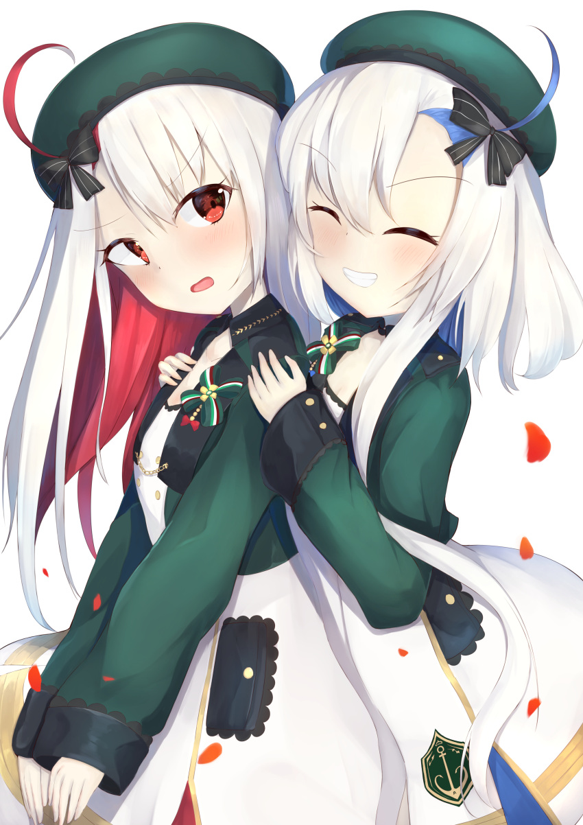 2girls absurdres ahoge azur_lane beret black_ribbon blue_hair chain closed_eyes dress eyebrows_visible_through_hair gold_chain green_headwear green_jacket hair_ribbon hat highres italian_flag jacket libeccio_(azur_lane) light_blush long_hair maestrale_(azur_lane) medium_hair multicolored_hair multiple_girls nori_aji open_mouth red_eyes red_hair ribbon short_hair_with_long_locks simple_background smile teeth two-tone_hair white_background white_dress white_hair