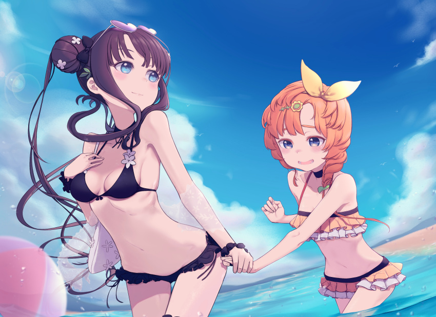 2girls absurdres bangs bare_shoulders beach bikini black_bikini blue_eyes blue_sky blush breasts cleavage daisi_gi double_bun eyewear_on_head fate/grand_order fate_(series) hair_ornament hair_ribbon heart heart-shaped_eyewear highres holding_hands honey_lake large_breasts leaf_hair_ornament long_hair multiple_girls ocean open_mouth purple-tinted_eyewear purple_hair ribbon side_ponytail sidelocks sky smile sunglasses swimsuit twintails van_gogh_(fate) very_long_hair wading yang_guifei_(fate) yellow_bikini yellow_ribbon