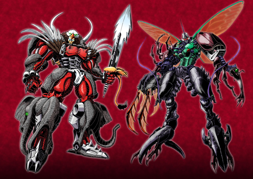 antennae asymmetrical_armor asymmetrical_arms beast_wars beetle blue_eyes bug cicada claws clenched_hand extra_eyes gattai glowing glowing_eyes green_eyes grey_background head_tilt highres holding holding_sword holding_weapon insect insect_wings lobster looking_at_viewer magnaboss maximal mecha no_humans oohara_tetsuya organic predacon rhinoceros_beetle rivalry rivals science_fiction sharp_teeth signature solo sword teeth transformers tripredacus tusks weapon white_background wings