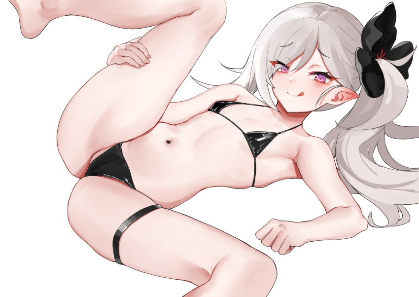 1girl :q ass barefoot bikini black_bikini blue_archive blush breasts chen_bingyou flower grey_hair hair_flower hair_ornament highres long_hair looking_at_viewer micro_bikini mutsuki_(blue_archive) navel pointy_ears purple_eyes side_ponytail simple_background small_breasts smile solo spread_legs swimsuit tongue tongue_out white_background