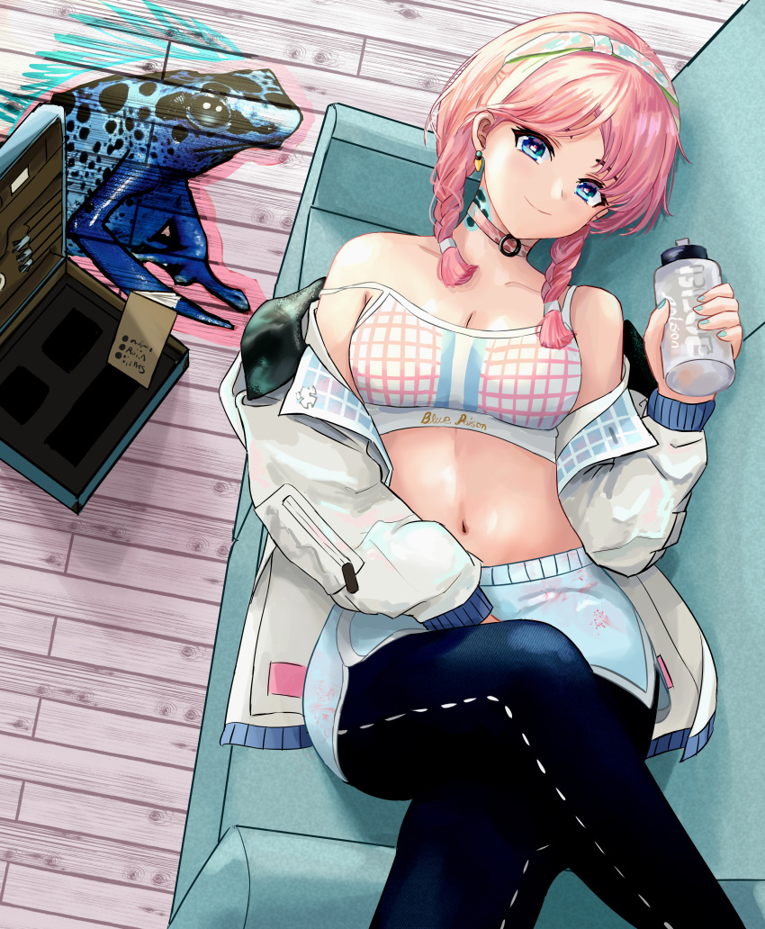 1girl absurdres arknights bangs bare_shoulders black_pants blue_eyes blue_nails blue_poison_(arknights) blue_poison_(shoal_beat)_(arknights) blue_shorts book braid character_name choker commentary couch earrings english_commentary frog graffiti hairband highres holding holding_book huge_filesize jacket jewelry long_hair long_sleeves looking_at_viewer lying mural nail_polish navel off_shoulder official_alternate_costume on_back on_couch pants pink_choker pink_hair poison_dart_frog raiiniichts shorts smile solo sports_bra stomach strap_slip twin_braids white_jacket wooden_floor