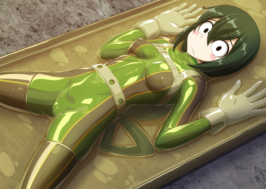 1girl asui_tsuyu bdsm belt black_eyes blush_stickers bodysuit boku_no_hero_academia bow_by_hair breasts commentary_request covered_nipples eyebrows_visible_through_hair frown gloves green_bodysuit green_hair harness highres latex long_hair looking_at_viewer lying medium_breasts on_back restrained sanpaku see-through skin_tight solo tamakko vacuum_bed