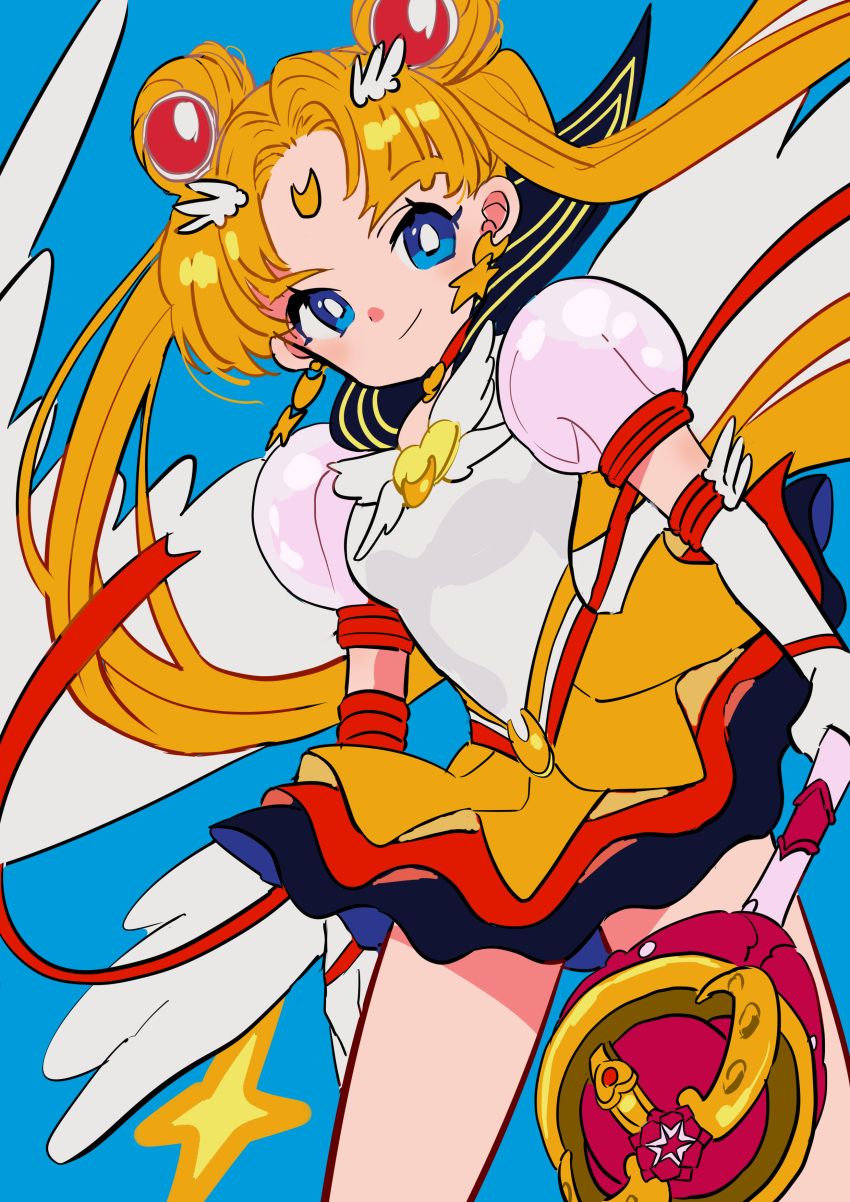 1girl absurdres bangs bishoujo_senshi_sailor_moon blonde_hair blue_background blue_eyes brooch closed_mouth cowboy_shot crescent crescent_earrings crescent_facial_mark double_bun earrings elbow_gloves eternal_sailor_moon eternal_tiare facial_mark forehead_mark gloves hair_ornament hairpin highres holding holding_wand jewelry kodama_(marugoto_omikan) layered_skirt legs_apart long_hair looking_at_viewer magical_girl parted_bangs puffy_sleeves red_ribbon ribbon sailor_moon sailor_senshi_uniform simple_background skirt smile solo standing star_(symbol) star_earrings tsukino_usagi twintails wand white_gloves