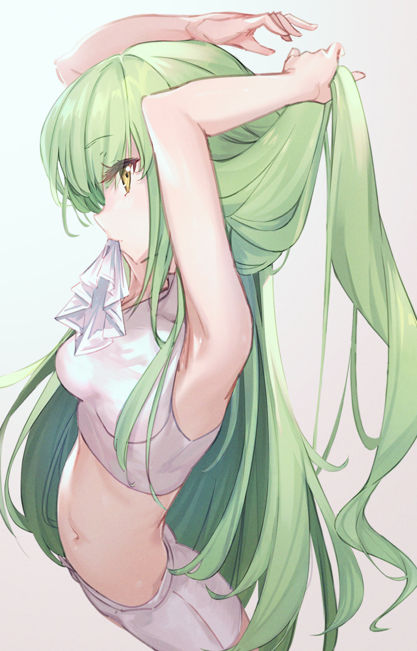 1girl adjusting_hair arched_back armpits arms_up bad_perspective bangs bare_arms bare_shoulders blush breasts c.c. code_geass covered_collarbone cowboy_shot crop_top eyebrows_visible_through_hair from_above from_side green_hair highres kyaroru long_arms long_hair looking_at_viewer medium_breasts midriff mouth_hold navel profile shorts simple_background solo stomach tying_hair very_long_hair white_shorts yellow_eyes