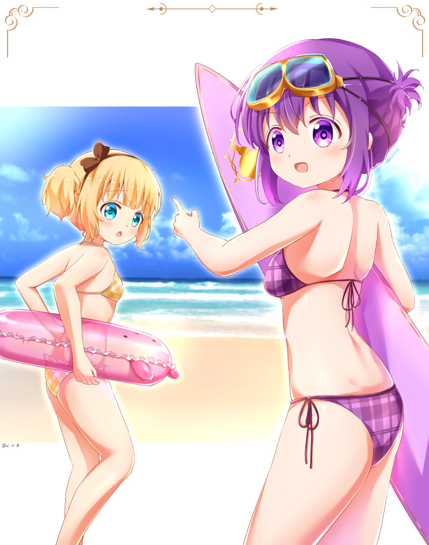 bangs beach bikini black_hairband blonde_hair blue_eyes blue_sky blunt_bangs breasts chinese_commentary cloud commentary_request cowboy_shot eyewear_on_head feet_out_of_frame gochuumon_wa_usagi_desu_ka? hairband highres innertube kirima_sharo painter-lhb plaid plaid_bikini purple_bikini purple_eyes purple_hair short_hair sky small_breasts surfboard swimsuit tedeza_rize tied_hair twintails wavy_hair yellow_bikini