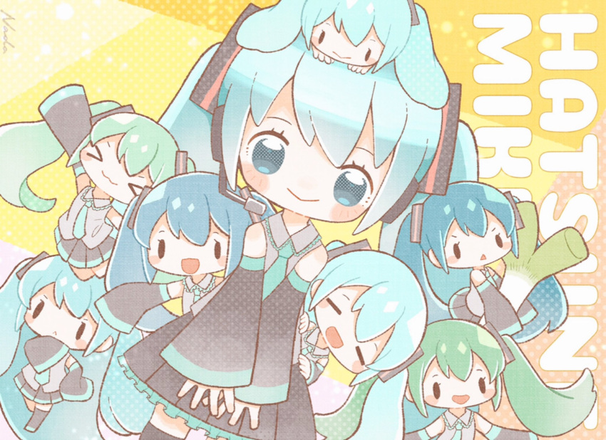 &gt;_&lt; 6+girls :&lt; :3 aqua_hair aqua_neckwear bangs black_legwear black_skirt blue_hair blush character_name closed_eyes closed_mouth detached_sleeves green_hair grey_shirt hair_ornament hatsune_miku headphones headset highres holding long_hair multiple_girls nada_namie necktie on_head open_mouth pleated_skirt shirt signature simple_background skirt sleeveless sleeveless_shirt sleeves_past_fingers sleeves_past_wrists smile spring_onion thighhighs twintails vocaloid wide_sleeves