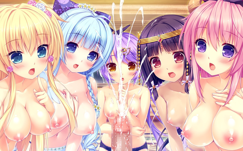 1boy 5girls :o aoi_miyabi arisegawa_arle ayasaki_yuu blonde_hair blue_hair blush boku_to_koi_suru_ponkotsu_akuma. breasts brown_hair bukkake cum e-hentai_sample fujima_emiri hetero image_sample kiritani_riria large_breasts multiple_girls penis pink_hair purple_hair sayori_(neko_works) small_breasts