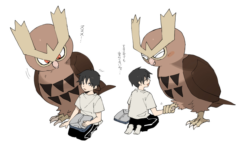 1boy bangs bird black_hair black_pants blush closed_eyes closed_mouth clothes clothes_removed commentary_request gen_2_pokemon hair_between_eyes holding_hand male_focus multiple_views newo_(shinra-p) noctowl owl pants pokemon pokemon_(creature) shirt short_hair short_sleeves simple_background sitting smile socks t-shirt white_background |d