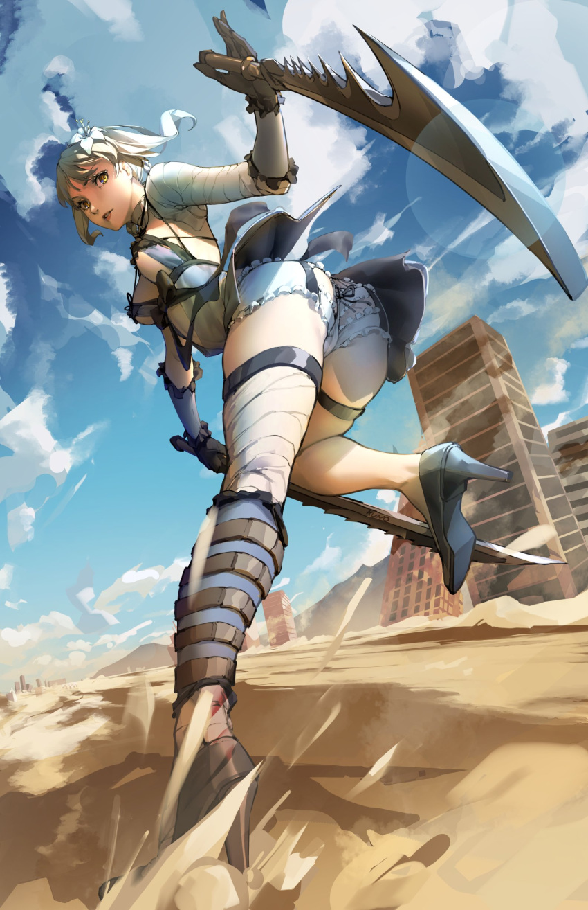 1girl absurdres bandages cloud foreshortening high_heels highres holding_hands kaine_(nier) kuno_(runkunochan) lingerie looking_at_viewer nier nier_(series) outdoors running short_hair sky underwear weapon white_hair