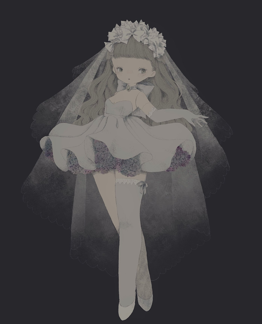 1girl bangs black_background blunt_bangs commentary_request dress elbow_gloves full_body gloves grey_dress grey_flower grey_gloves grey_hair highres long_hair original simple_background single_thighhigh solo standing strapless strapless_dress thighhighs tonoko_(annin_tono)