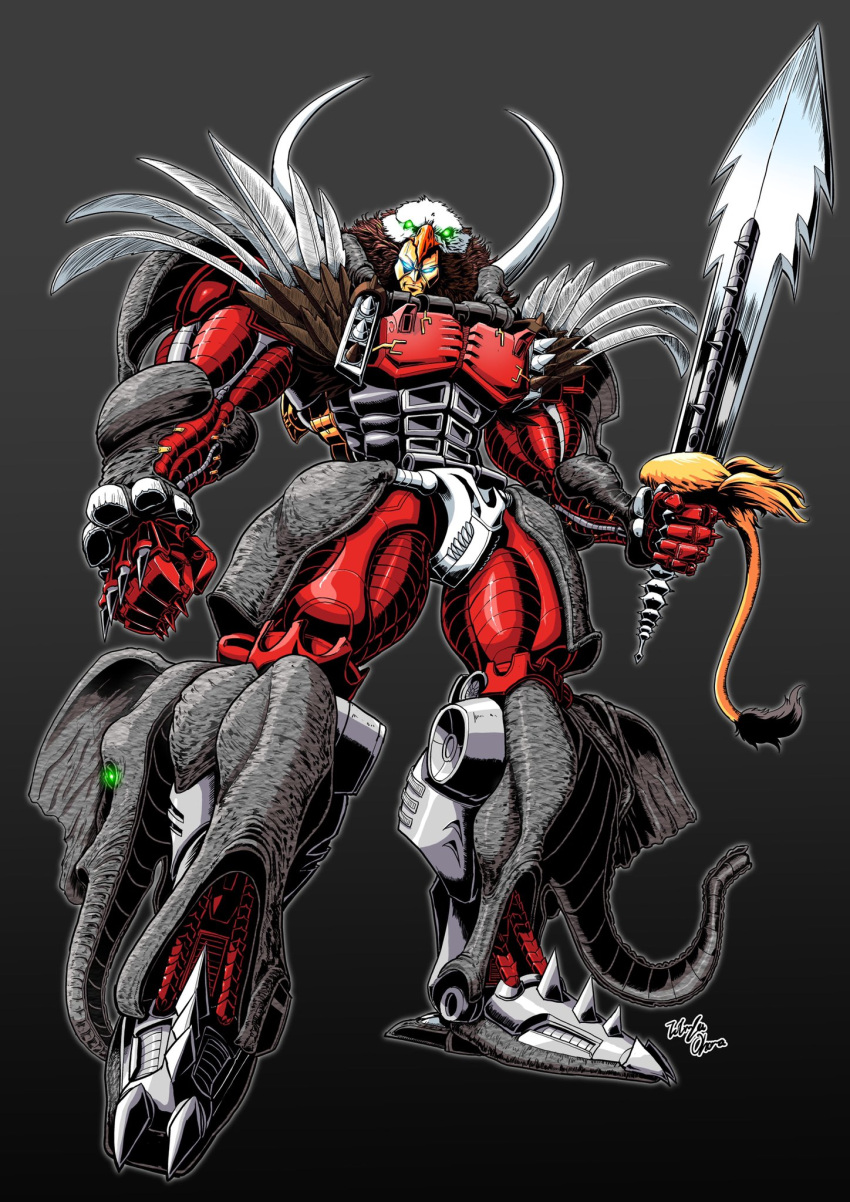 beast_wars blue_eyes clenched_hand extra_eyes glowing glowing_eyes green_eyes grey_background head_tilt highres holding holding_sword holding_weapon looking_at_viewer magnaboss maximal mecha no_humans oohara_tetsuya science_fiction signature solo sword transformers tusks weapon