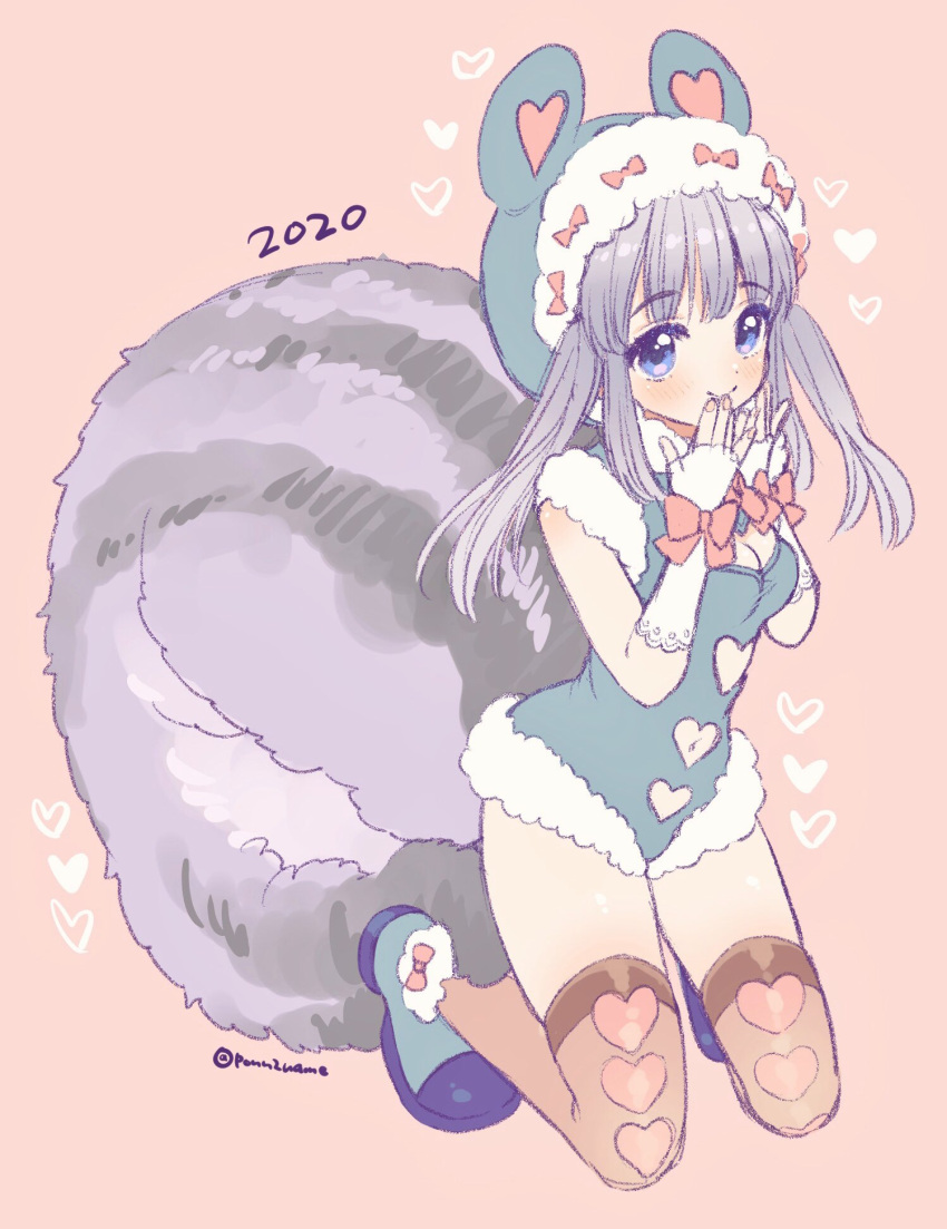 1girl amezawa_koma animal_ears blue_eyes blue_footwear blue_leotard blush bow bowtie breasts brown_legwear cleavage closed_mouth clothing_cutout dated fingerless_gloves fingernails full_body fur-trimmed_hood fur_trim gloves grey_hair hands_up heart heart_background heart_cutout highres hood hood_up kneeling leotard looking_at_viewer navel_cutout original pink_background pink_bow pink_neckwear redrawn shoes small_breasts smile solo squirrel_ears squirrel_tail tail thighhighs twintails twitter_username white_gloves