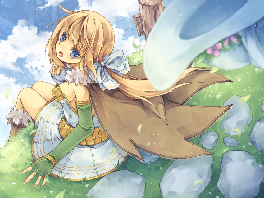 1girl alchemist_(ragnarok_online) alternate_color bangs blonde_hair blue_bow blue_dress blue_eyes blue_sky blush boots bow breasts brown_cape brown_footwear cape cloud commentary_request day dress elbow_gloves feet_out_of_frame fingerless_gloves floating_island flower fur-trimmed_boots fur_collar fur_trim gloves green_gloves hair_bow highres long_hair looking_at_viewer looking_back lunaraven medium_breasts open_mouth outdoors pink_flower ponytail ragnarok_online short_dress sitting sky solo strapless strapless_dress