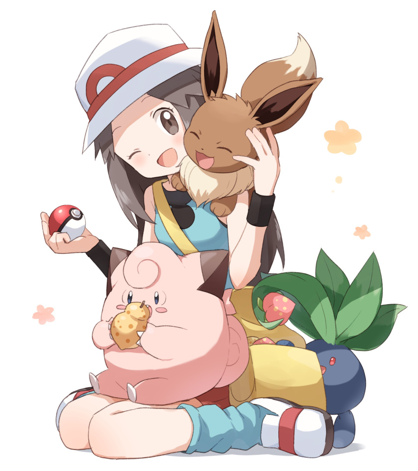 1girl ;d absurdres bag blue_shirt brown_eyes brown_hair buchi_(y0u0ri_) clefairy commentary eevee food fruit gen_1_pokemon green_legwear hat head_tilt highres holding holding_poke_ball leaf_(pokemon) long_hair looking_at_viewer loose_socks miniskirt oddish on_shoulder one_eye_closed open_mouth peach poke_ball poke_ball_(basic) pokemon pokemon_(creature) pokemon_(game) pokemon_frlg pokemon_on_shoulder porkpie_hat red_skirt satchel shadow shirt shoes sitting skirt sleeveless sleeveless_shirt smile wariza white_background white_footwear white_headwear