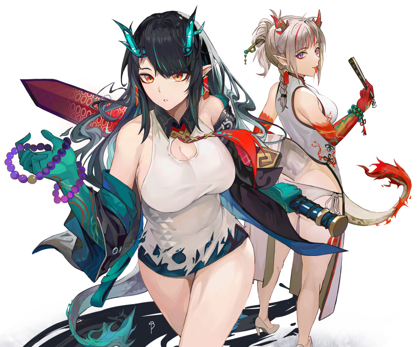 2girls absurdres arknights armpit_crease bare_shoulders beads black_hair bracelet breasts cleavage cleavage_cutout closed_fan clothing_cutout colored_skin detached_sleeves dragon_girl dragon_horns dragon_tail dusk_(arknights) earrings eyeshadow fan folding_fan gradient green_hair green_horns green_skin grey_hair hair_ornament hairpin high_heels highres holding holding_fan holding_sword holding_weapon horns jewelry lan_xiezi light_purple_eyes long_hair looking_back makeup medium_hair multicolored multicolored_hair multiple_girls nian_(arknights) paper_fan parted_lips pointy_ears prayer_beads purple_eyes red_eyeshadow red_hair red_neckwear red_skin reverse_grip signature simple_background standing streaked_hair sword tail tongue tongue_out torn torn_clothes turtleneck weapon white_footwear