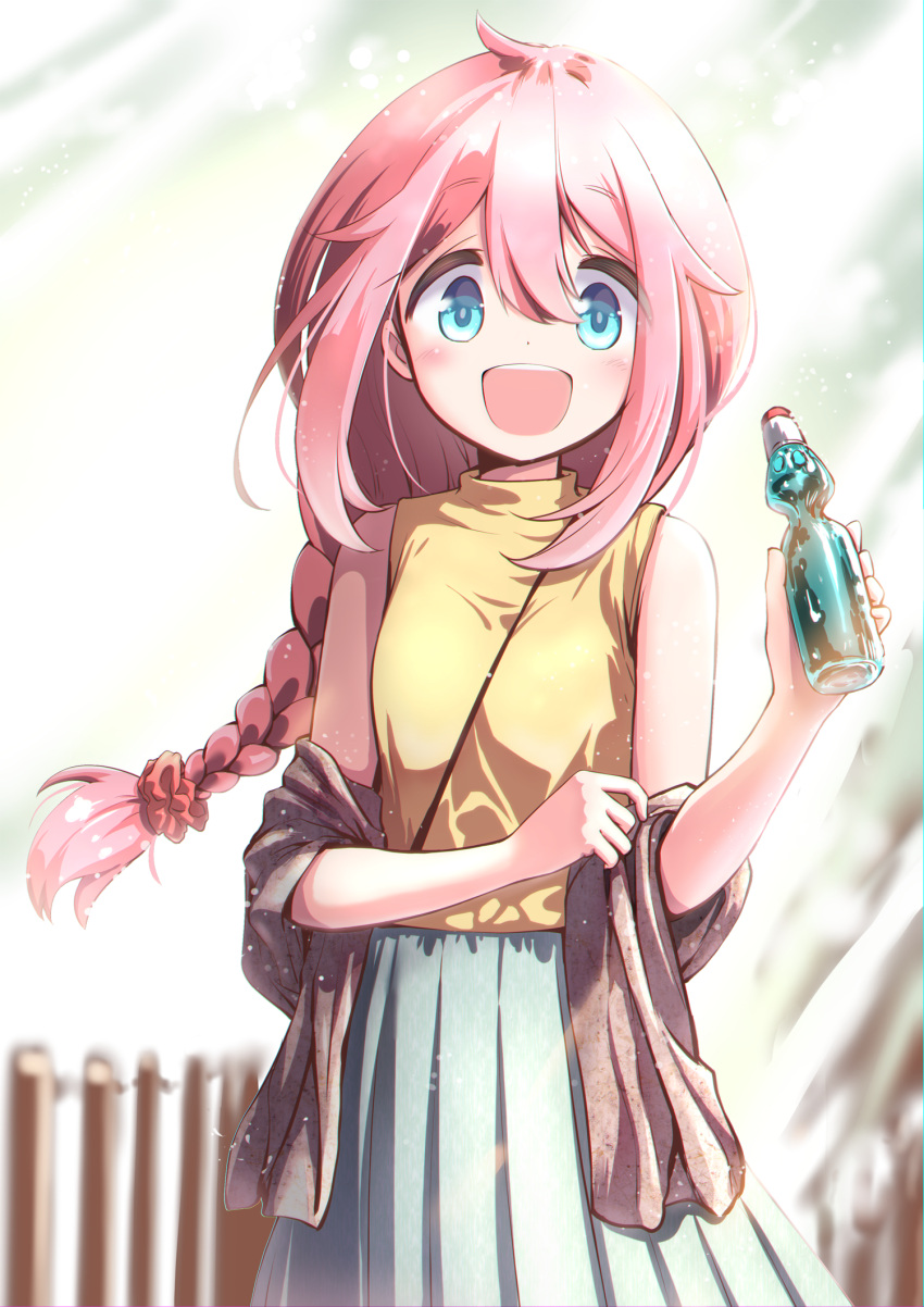 1girl :d blue_eyes bottle braid highres holding kagamihara_nadeshiko long_hair looking_at_viewer n2midori open_mouth pink_hair ramune sleeveless smile solo turtleneck yurucamp