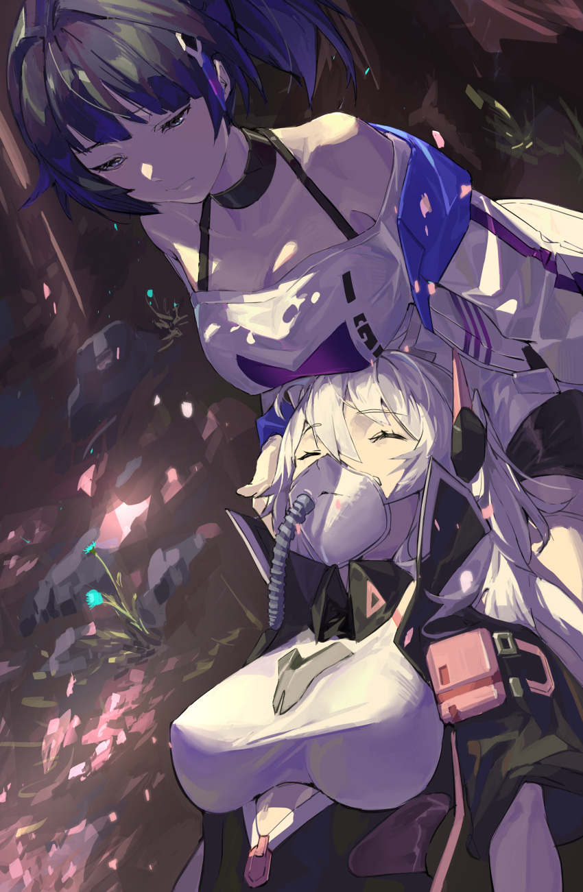 2girls absurdres bangs black_hair black_jacket blue_eyes breasts breathing_tube closed_mouth covered_mouth flower hair_between_eyes highres honkai_(series) honkai_impact_3rd jacket kiana_kaslana kiana_kaslana_(void_drifter) long_hair long_sleeves looking_down mask multiple_girls nabi_(ybbvgvgvg) outdoors ponytail raiden_mei raiden_mei_(striker_fulminata) respirator sad shadow shirt sleeping ventilator white_hair white_jacket white_shirt yuri