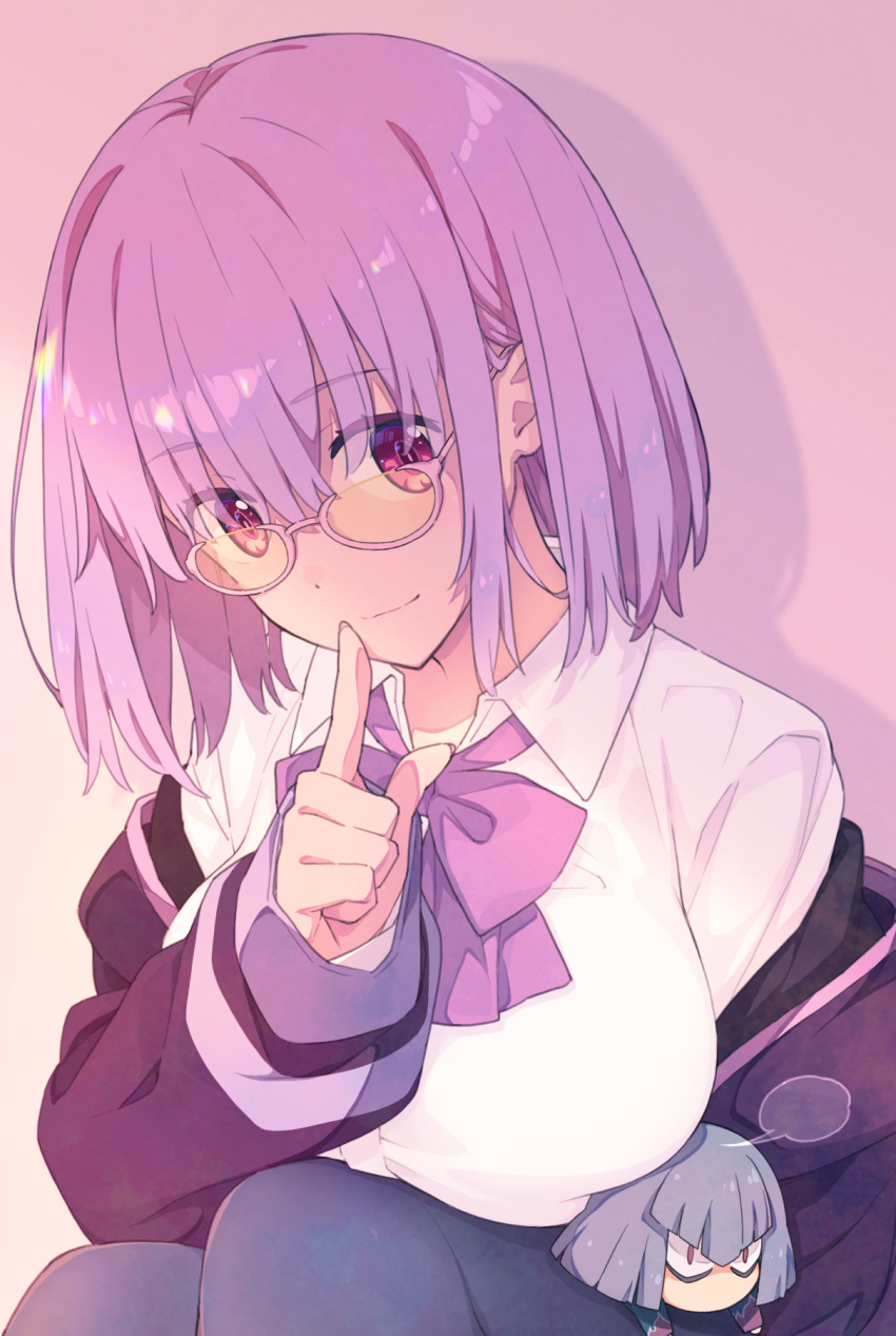 1boy 1girl anti_(ssss.gridman) bangs blush bow breasts chibi collared_shirt dress_shirt gridman_universe highres jacket large_breasts light_purple_hair long_sleeves looking_at_viewer off_shoulder pink-framed_eyewear purple_bow purple_jacket purple_neckwear saipaco shinjou_akane shirt short_hair smile ssss.gridman white_shirt