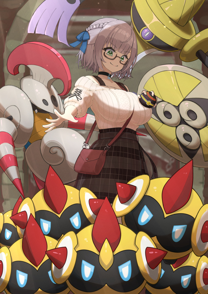 1girl absurdres aegislash bag bangs between_breasts black_choker blue_ribbon bra_strap braid breasts brown_bag brown_skirt choker closed_mouth commentary_request escavalier eyebrows_visible_through_hair falinks gen_5_pokemon gen_6_pokemon gen_8_pokemon glasses green_eyes hair_ribbon highres holding holding_poke_ball hololive huge_filesize looking_down lunch_boxer luxury_ball off-shoulder_sweater off_shoulder plaid plaid_skirt poke_ball pokemon pokemon_(creature) ribbed_sweater ribbon shirogane_noel shoulder_bag skirt smile spread_fingers strap_between_breasts sweater virtual_youtuber white_sweater