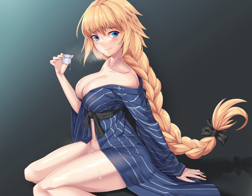 1girl alcohol bangs bare_shoulders blonde_hair blue_eyes blue_kimono blush braid braided_ponytail breasts cleavage collarbone fate/apocrypha fate_(series) highres japanese_clothes jeanne_d'arc_(fate) jeanne_d'arc_(fate)_(all) kimono large_breasts long_hair long_sleeves looking_at_viewer matrix16 off_shoulder sake single_braid sitting smile solo thighs very_long_hair wariza wide_sleeves