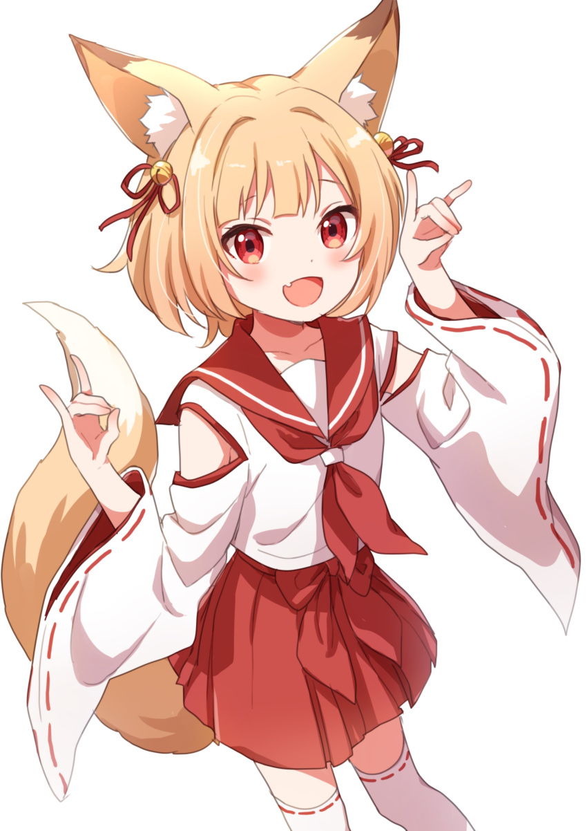 1girl absurdres animal_ears bangs bell blonde_hair bob_cut buchi_(y0u0ri_) clothing_cutout commentary cowboy_shot double_fox_shadow_puppet fang fox_ears fox_girl fox_shadow_puppet fox_tail hair_bell hair_ornament hakama_skirt highres long_sleeves looking_at_viewer miniskirt neckerchief open_mouth original red_eyes red_neckwear red_sailor_collar red_skirt ribbon-trimmed_legwear ribbon-trimmed_sleeves ribbon_trim sailor_collar short_hair shoulder_cutout simple_background skin_fang skirt smile solo standing tail thighhighs white_background white_legwear wide_sleeves