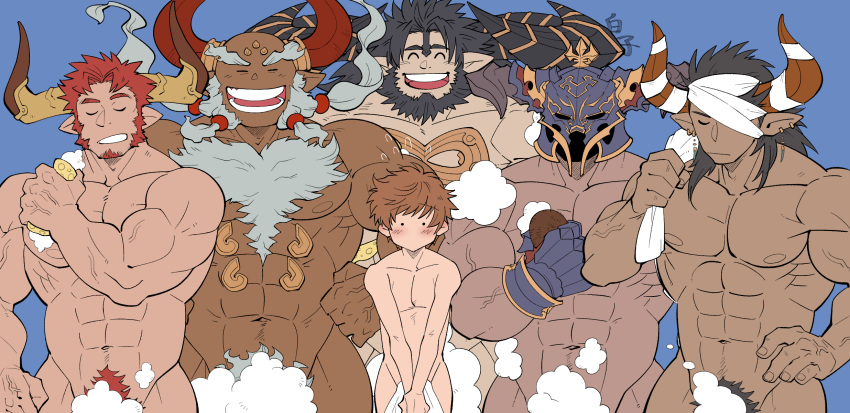 6+boys ^_^ abs agielba bald bandages bara bathing beard blush bubble chest_hair closed_eyes completely_nude convenient_censoring covering covering_crotch dark-skinned_male dark_skin draph facial_hair ghandagoza goatee gran_(granblue_fantasy) granblue_fantasy hand_on_hip helmet highres horned_headwear kirupi large_pectorals long_sideburns male_focus male_harem male_pubic_hair mature_male mugen_(granblue_fantasy) multiple_boys muscular muscular_male navel navel_hair nipples nude old old_man open_mouth pectorals pubic_hair red_hair reinhardtzar short_hair sideburns size_difference skinny smile stomach stubble thighs vaseraga veins very_dark_skin washing