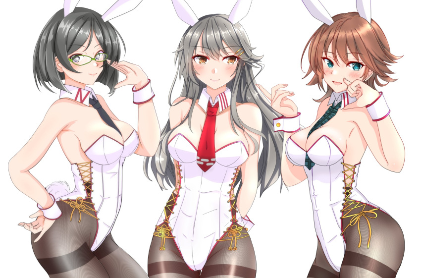 3girls adapted_costume alternate_costume animal_ears between_breasts black_eyes black_hair black_legwear black_neckwear breasts brown_eyes brown_hair bunny_ears bunny_tail commentary_request cowboy_shot detached_collar double_bun facing_viewer fake_animal_ears flipped_hair foreshortening glasses gradient gradient_background green-framed_eyewear green_eyes green_neckwear hair_ornament hairclip haruna_(kancolle) heart hiei_(kancolle) highres kantai_collection kirishima_(kancolle) leotard long_hair medium_breasts multiple_girls necktie nitamago_(sakamalh) pantyhose plaid_neckwear playboy_bunny purple_eyes red_neckwear short_hair sideways_glance simple_background smile strapless strapless_leotard tail thigh_gap thighband_pantyhose white_background white_leotard wrist_cuffs