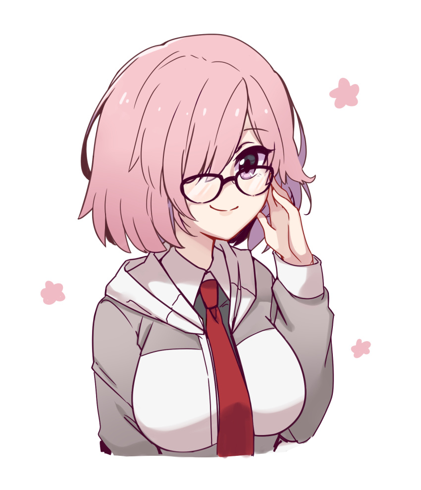 1girl ayanobro blush breasts fate/grand_order fate_(series) glasses hair_over_one_eye hand_on_own_face highres large_breasts mash_kyrielight necktie pink_hair purple_eyes short_hair simple_background smile white_background