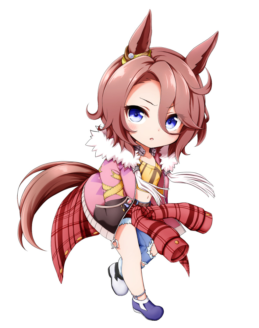 1girl :o animal_ears asymmetrical_clothes bangs blue_eyes blue_footwear blue_pants blush brown_hair chibi clothes_around_waist full_body fur-trimmed_jacket fur_trim hair_between_eyes hand_in_pocket highres horse_ears horse_girl horse_tail jacket jacket_around_waist kuena long_hair looking_at_viewer midriff mismatched_footwear narita_taishin_(umamusume) navel open_clothes open_jacket pants parted_bangs parted_lips pink_jacket plaid_jacket red_jacket shirt shoes short_hair simple_background single_pantsleg solo standing standing_on_one_leg tail torn_clothes torn_pants umamusume white_background white_footwear yellow_shirt