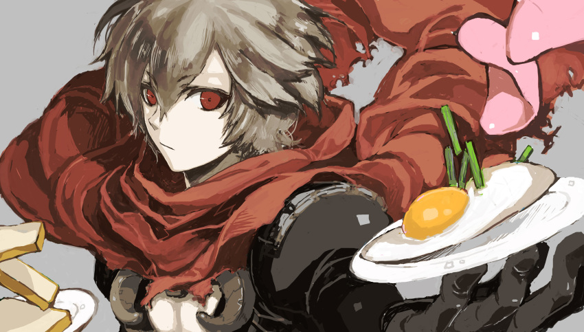 1boy absurdres armor assassin_cross_(ragnarok_online) bangs black_gloves black_shirt bread closed_mouth commentary_request eyebrows_visible_through_hair food fried_egg gloves grey_hair hair_between_eyes highres holding holding_plate jakushou_archer looking_at_viewer male_focus meat open_clothes open_shirt pauldrons plate ragnarok_online red_eyes red_scarf scarf shirt short_hair shoulder_armor shy_(ragnarok_online) solo torn_scarf upper_body