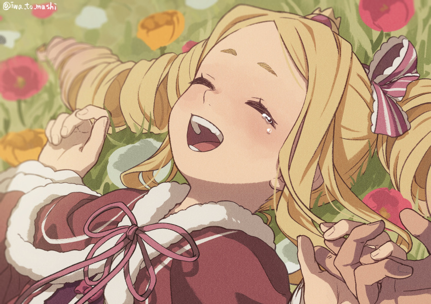 1girl absurdres bangs beatrice_(re:zero) blonde_hair blush capelet check_commentary closed_eyes commentary commentary_request crown crying drill_hair eyelashes flower fur-trimmed_capelet fur_trim grass hair_ribbon hands_up highres holding_hand iwamushi long_hair long_sleeves lying mini_crown on_back open_mouth parted_bangs purple_ribbon re:zero_kara_hajimeru_isekai_seikatsu red_capelet ribbon sidelocks smile solo_focus tears teeth tongue twin_drills twitter_username upper_body |d