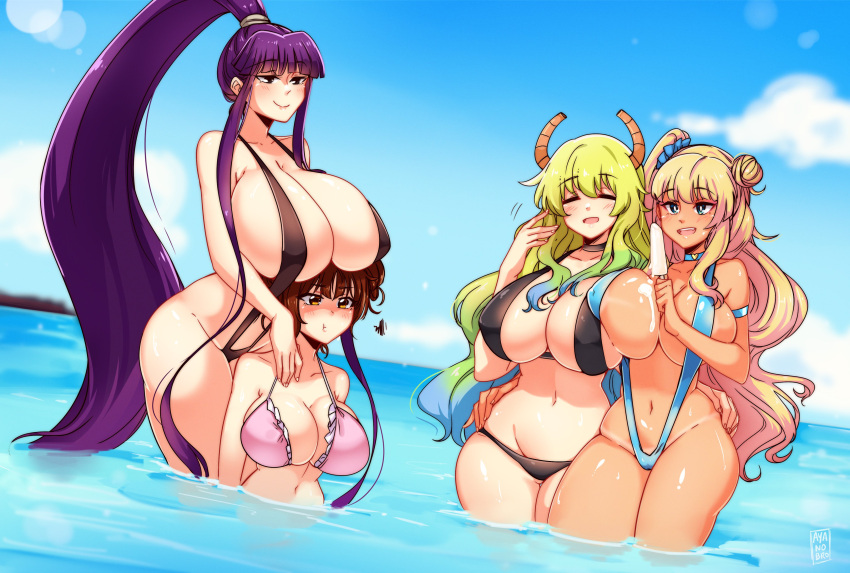 4girls absurdres ayanobro blonde_hair breasts crossover eiken fujinoki_nene galko hajimete_no_gal highres huge_breasts kobayashi-san_chi_no_maidragon long_hair misono_kirika multiple_girls oshiete!_galko-chan pout purple_hair quetzalcoatl_(maidragon) slingshot_swimsuit swimsuit tan water