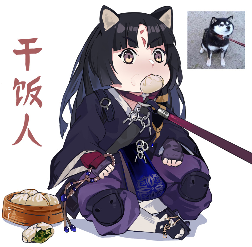 1girl absurdres animal animal_ears arknights baozi beads black_hair blush brown_eyes collar dog dumpling eyebrows_visible_through_hair facial_mark fingerless_gloves food food_in_mouth gem gloves gradient highres holding knee_pads lan_xiezi leash leash_pull long_hair long_sleeves mouth_hold photo-referenced prayer_beads purple_gloves red_collar reference_photo saga_(arknights) signature simple_background sitting solo translation_request white_background wide_sleeves