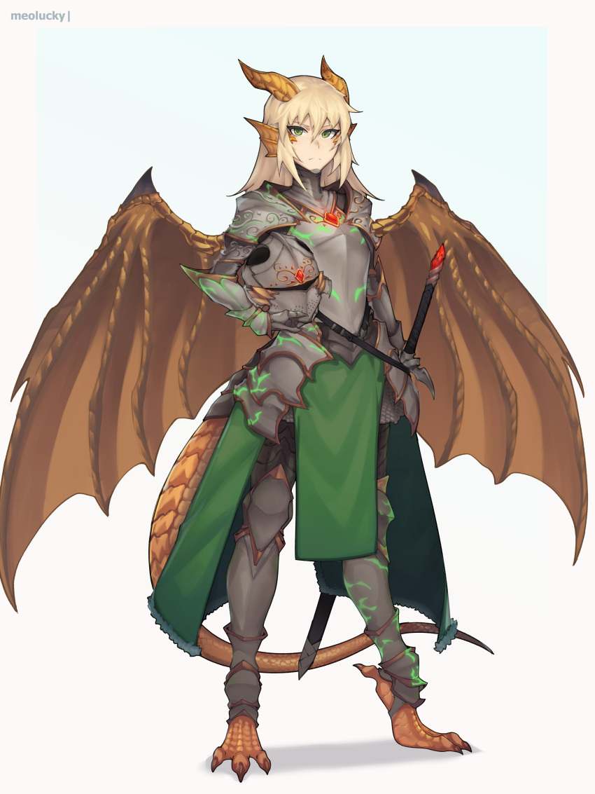 1girl absurdres armor artist_name bangs barefoot blonde_hair breastplate commentary commission dragon_girl dragon_tail dragon_wings english_commentary full_body gauntlets greaves green_eyes hair_between_eyes head_fins headwear_removed helm helmet helmet_removed highres holding holding_helmet horns long_hair looking_at_viewer monster_girl original ovosh147 paws pelvic_curtain scales serious sheath sheathed simple_background solo sword tail waist_cape weapon white_background wings