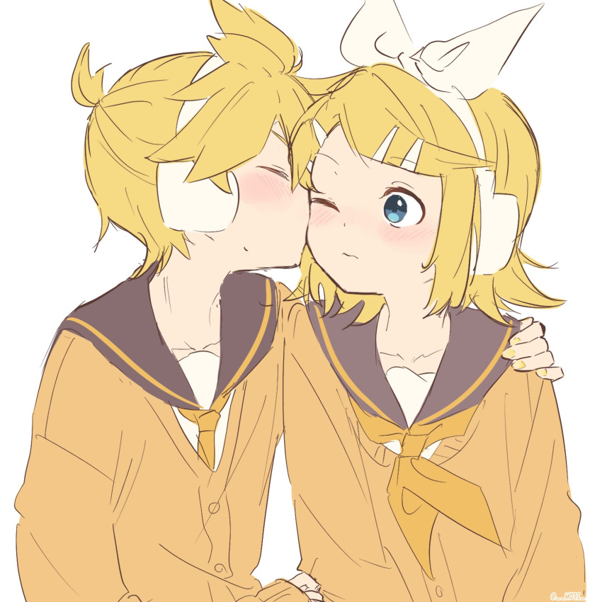 1boy 1girl bangs black_collar blonde_hair blue_eyes blush bow cheek_kiss closed_mouth collar collarbone collared_shirt commentary grey_collar hair_bow hair_ornament hairclip hand_on_another's_shoulder headphones highres kagamine_len kagamine_rin kiss m0ti neckerchief necktie orange_sweater school_uniform shirt short_hair sketch surprised sweater swept_bangs symbol_commentary twitter_username upper_body vocaloid white_background white_bow yellow_neckwear