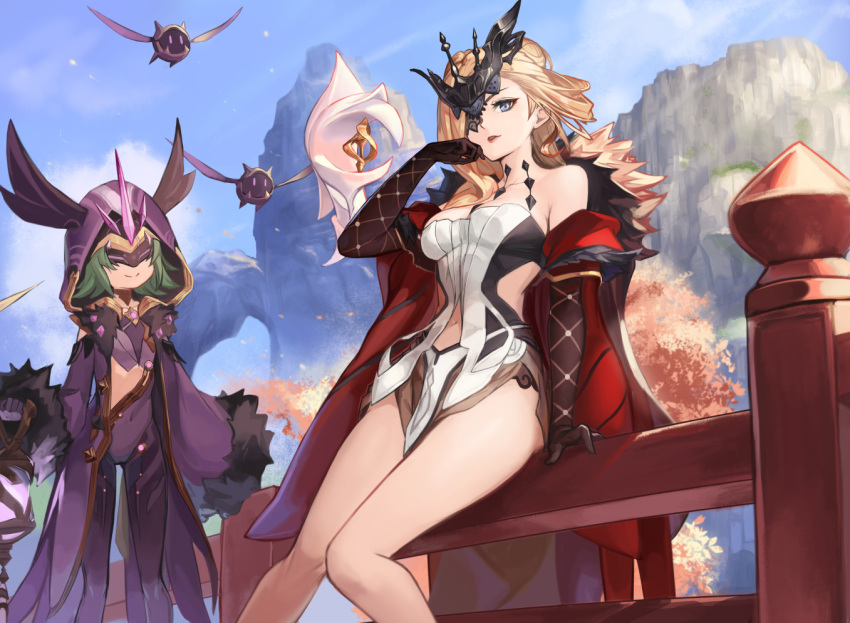 2girls bare_legs black_gloves blonde_hair blue_eyes breasts cicin_(genshin_impact) cicin_mage_(genshin_impact) cloak coat commission creature day dress elbow_gloves electro_cicin_mage_(genshin_impact) eyepatch feet_out_of_frame fur-trimmed_coat fur_trim genshin_impact gloves green_hair hand_up headpiece holding holding_lantern hood hood_up hooded_cloak lantern long_hair long_sleeves looking_at_viewer mask medium_breasts multiple_girls outdoors pixiv_request purple_cloak red_coat signora_(genshin_impact) standing taba_comya white_dress