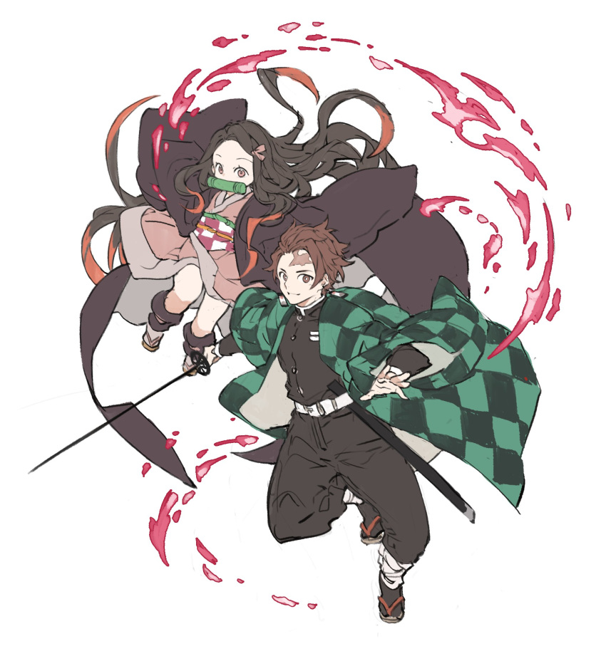 1boy 1girl bit_gag black_hair brother_and_sister brown_hair checkered closed_mouth earrings forehead gag hair_ribbon haori highres holding holding_sword holding_weapon japanese_clothes jewelry kamado_nezuko kamado_tanjirou katana kimetsu_no_yaiba kimono long_hair long_sleeves multicolored_hair obi pants papajay_(jennygin2) red_hair ribbon sash scar scar_on_face siblings sword weapon