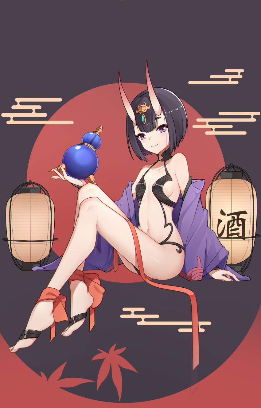 1girl absurdres bangs bare_shoulders barefoot_sandals bob_cut breasts bridal_gauntlets collarbone eyeliner fate/grand_order fate_(series) gourd headpiece highres horns japanese_clothes kimono lantern legs long_sleeves looking_at_viewer makeup navel off_shoulder oni oni_horns open_clothes open_kimono paper_lantern purple_eyes purple_hair purple_kimono revealing_clothes short_hair shuten_douji_(fate) skin-covered_horns small_breasts smile solo supergoat wide_sleeves