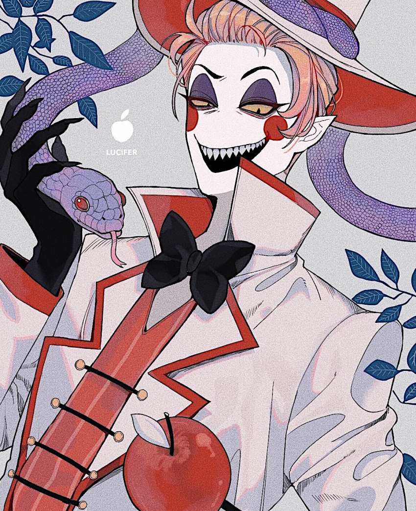 1boy apple blonde_hair bow bowtie demon_boy fingernails food formal fruit hazbin_hotel highres looking_at_viewer lucifer_(hazbin_hotel) neg_50asu pointy_ears sharp_fingernails sharp_teeth snake suit teeth white_suit